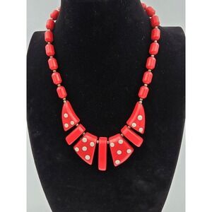 Vintage Cherry Red Lucite Polka Dot Dice Statement Necklace Chunky Beaded‎